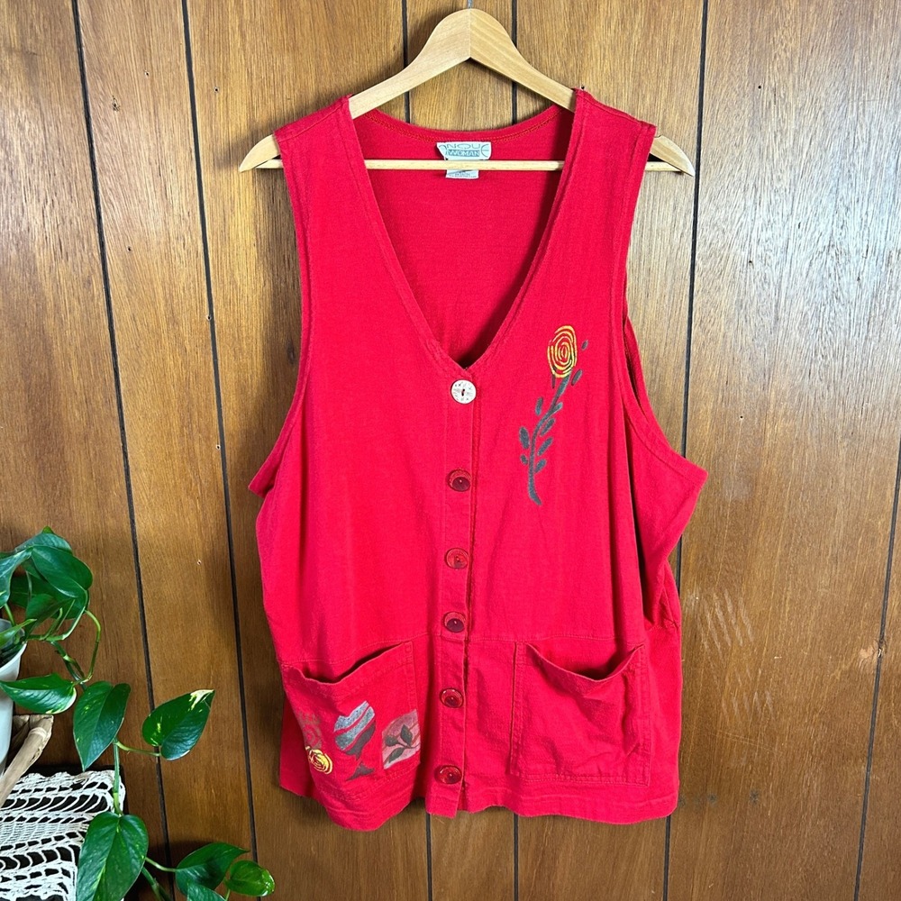 Vintage Woman Red Cotton Knit Vest Floral Art to Wear Button‎ Down Pockets 1X